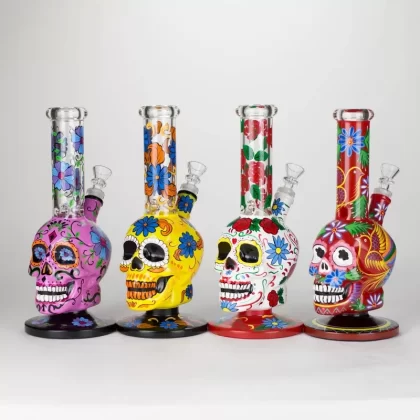 10″ Sugar Skull-Themed Glass Bong - Pink, Red