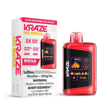 Kraze HD Mega Sour Watermelon Peach (20K Puffs) Disposable Vape - Vape Product, 20MG (ONT-TAX)