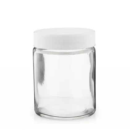 Glass Jars | Straight-Sided w/ Ribbed White Caps | 18oz – Clear – 48 Count