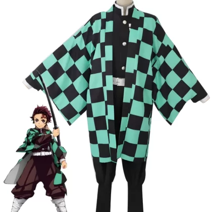 Water Breathing Swordsman Kamado Tanjirou Cosplay Costume - Green Checkered Haori Demon Hunter Outfit