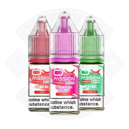 OX Passion (5mg) Nic Salt 10ml by Oxva - Flavours#Blue Sour Razz>Blackcurrant Squash>Cherry BBG>Dragon Fruit>Fruity Gum>Lychee Ice>Menthol>Pineapple Freeze>Strawberry Coconut>Strawberry Rasp