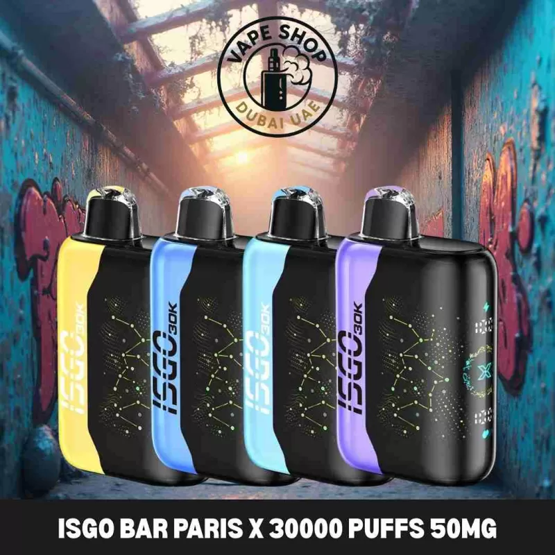 ISGO Bar Paris X 30000 Puffs 50MG Disposable Vape in Dubai - Vape Product, FULL BOX 10 DEVICE; Black Paradise, Grape (CD9798)