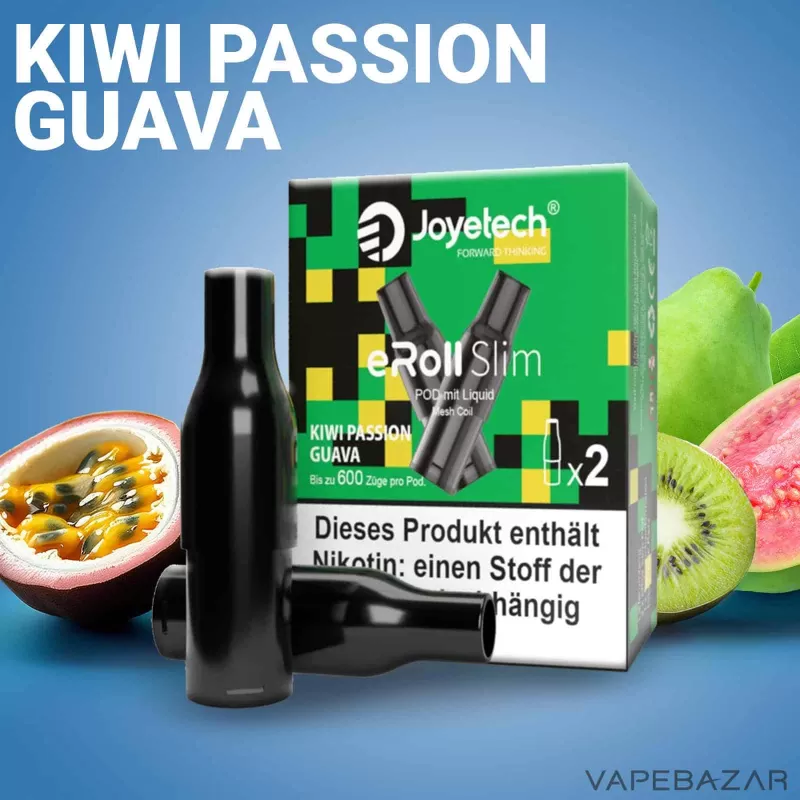 Joyetech eRoll Slim Prefilled Pod – Kiwi Passion Guava (2er Pack) - Joyetech / 20mg/ml / 2ml / ca. 600 / Glycerin / Aromen / Propylenglykol / Nikotin / Nein / Kiwi / Guave / Passionsfrucht