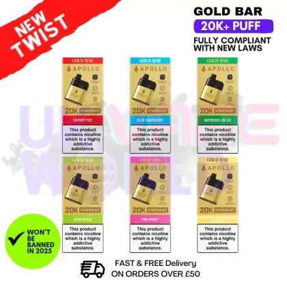 Gold Bar Apollo 20K Prefilled Pod Kit - Flavour#Blue Raspberry>Cherry Fizz>Lemon Lime>Pineapple Ice>Pineapple Watermelon Lemonade>Pink Burst>Sour Apple>Spearmint>Summer Berries>Watermelon Ic