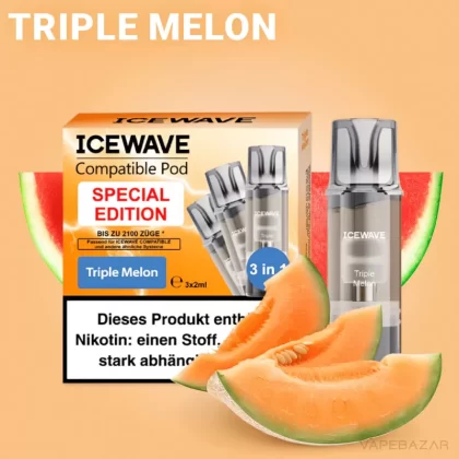 ICEWAVE Pod – Triple Melon – 3er Pack - ICEWAVE / Wassermelone / Cantaloupe / Honigmelone / Glycerin / Propylenglykol / Aromastoffe / 20mg/ml