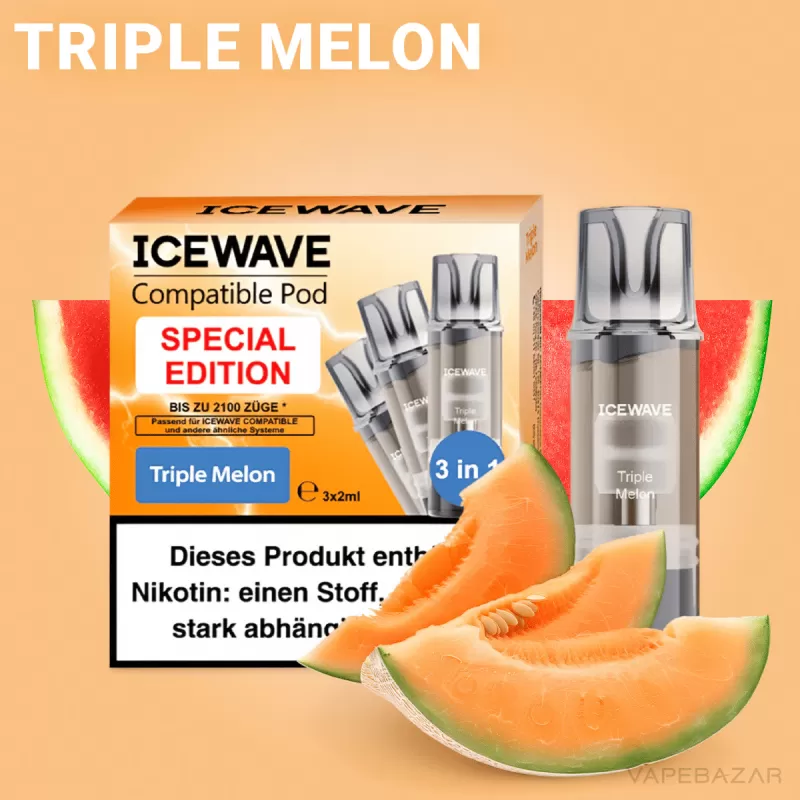 ICEWAVE Pod – Triple Melon – 3er Pack - ICEWAVE / Wassermelone / Cantaloupe / Honigmelone / Glycerin / Propylenglykol / Aromastoffe / 20mg/ml