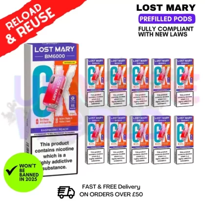 Raspberry Peach Lost Mary BM6000 Replacement Pods BOX OF 10