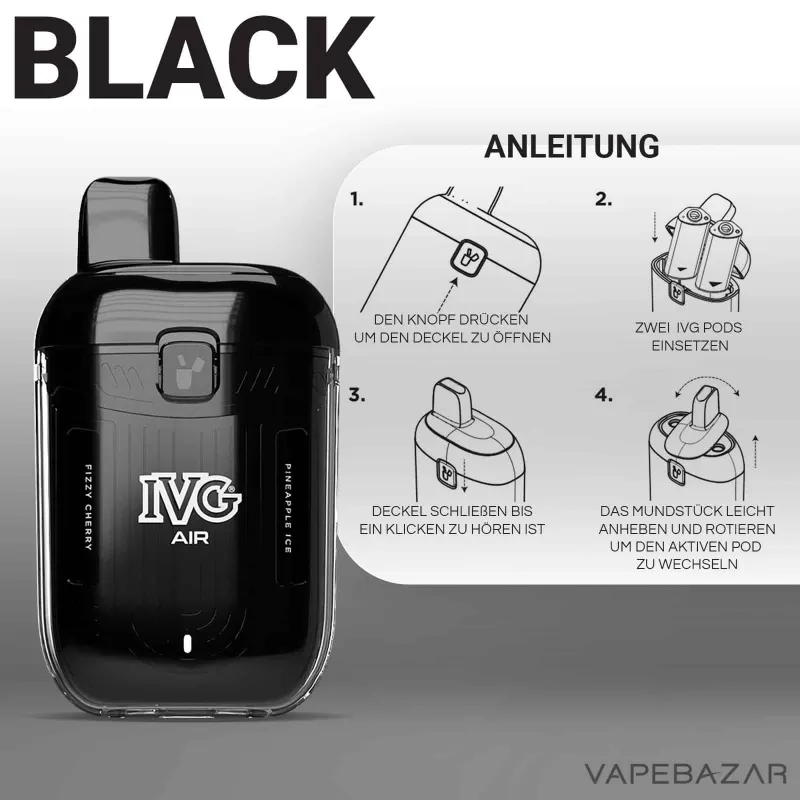 IVG Air 2 in 1 Pod Kit – Black - Pod Kit / IVG / 850 mAh / 2 x 2ml / USB-C - Image 2