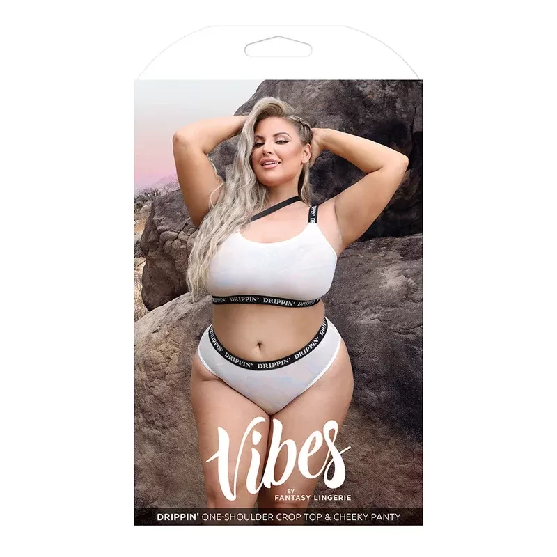 Fantasy Lingerie Vibes Drippin’ Iridescent Strappy One-Shoulder Top & Panty Pearl White Queen