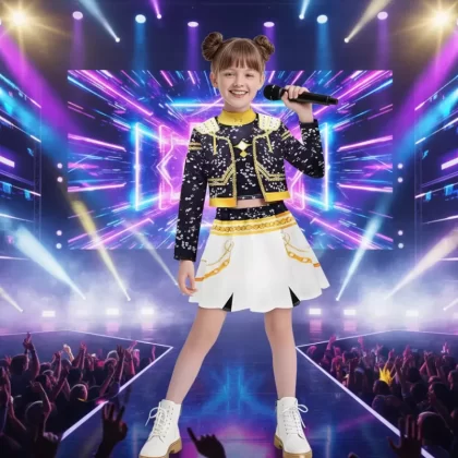 Pop Idol Stage Costume for Kids Ages 3-12 - Black Printed Performance Outfit - 3-4year/110cm, 4-5year/120cm
