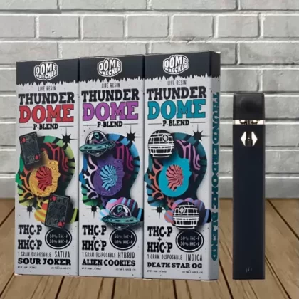Domewrecker Live Resin Thunderdome P-Blend Disposable 1g - strain#Death Star OG -- Indica -- DISPOSABLE>Sour Joker -- Sativa -- DISPOSABLE>Alien Cookies -- Hybrid -- DISPOSABLE (43F80F)