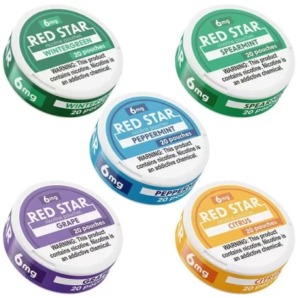 Red Star Nicotine Pouches - Nicotine & Flavor#9mg - Citrus>9mg - Grape>9mg - Peppermint>9mg - Spearmint>9mg - Wintergreen>6mg - Citrus>6mg - Grape>6mg - Peppermint>6mg - Spearmint>6mg - Wint