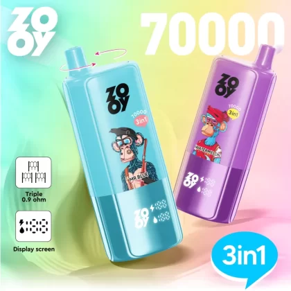 ZOOY Triple Flavor 70000 – 70K Puffs Triple Mesh Coil Smart Display Disposable Vape - 70000 puffs; Vape Product, Vape Product; Blueberry Bubblegum & Love 666 & Strawberry Kiwi, Mango Ice & A