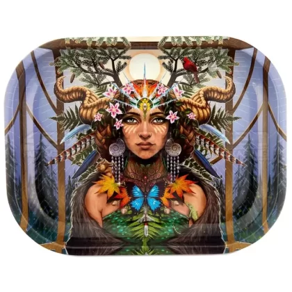 Jungle Queen Rolling Tray w/ Magnetic Cover | 7in x 5.5in – Mini – Metal