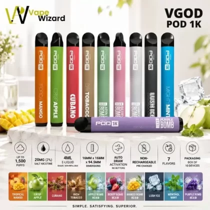 VGOD Pod 1K 1500 Puffs 20mg Nicotine Disposable Vape - Apple Bomb, Berry Bomb; Box of 10 Pcs (8A2A22)