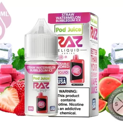 Straw Watermelon Bubblegum Ice Pod Juice x RAZ Salt 30ml - Vape Product, Vape Product