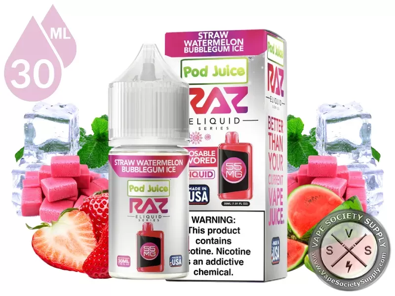 Straw Watermelon Bubblegum Ice Pod Juice x RAZ Salt 30ml - Vape Product, Vape Product