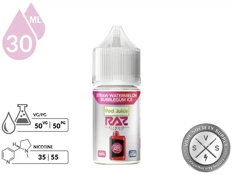 Straw Watermelon Bubblegum Ice Pod Juice x RAZ Salt 30ml - Vape Product, Vape Product - Image 2