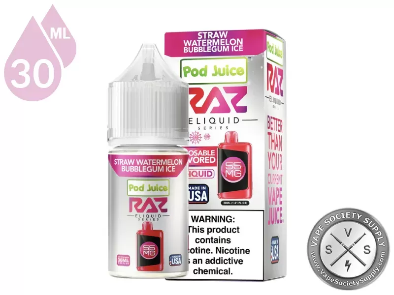 Straw Watermelon Bubblegum Ice Pod Juice x RAZ Salt 30ml - Vape Product, Vape Product - Image 3