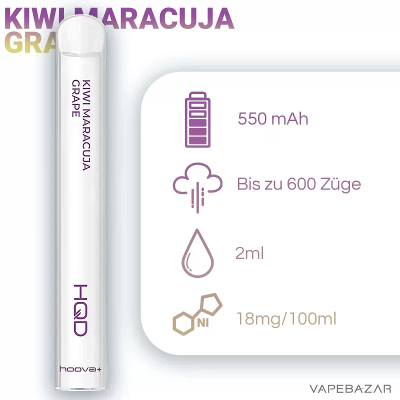 HQD Hoova + Einweg E-Zigarette – Kiwi Maracuja Grape - 20mg/ml / 2ml / Kiwi, Maracuja, Grape - Image 2