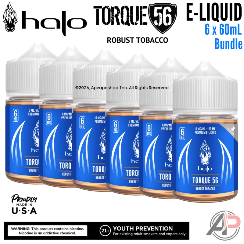 Halo Torque 56 Robust Tobacco E-Liquid 60mL 6 Bottle Bundle Box - 0mg - 6 Bottle Bundle, 12mg - 6 Bottle Bundle
