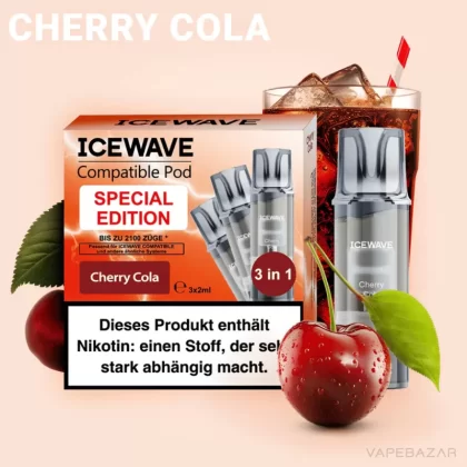 ICEWAVE Pod – Cherry Cola – 3er Pack - Cola / Kirsche / Glycerin / Propylenglykol / Aromastoffe / 20mg/ml / ICEWAVE