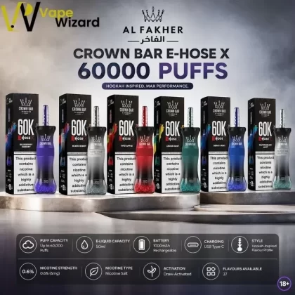 Al Fakher Crown Bar E-Hose X 60000 Puffs Hookah Disposable Vape - Berry Blue, Berry Ice; Vape Product, Box of 10 Pcs