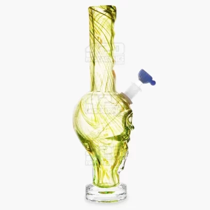 Straight Neck Sculpted Skull Glass Water Pipe w/ Thick Base | 12in Tall – 14mm Bowl – Assorted