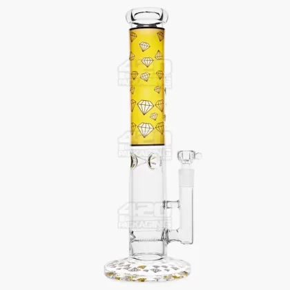 Straight Neck Diamond Decal Inline Perc Glass Water Pipe w/ Ice Catcher | 14in Tall – 14mm Bowl – Yellow