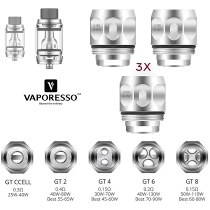 Vaporesso GT Replacement Coils - Options#GT2 0.4ohm>GT4 0.15ohm>GT4 Mesh 0.15ohm>GT Ccell 0.5ohm>GT6 0.2ohm>GT8 0.15ohm>GT Mesh 0.18ohm>GT Ccell2 0.3ohm