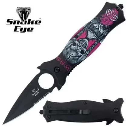Snake Eye Tactical Spring Assisted Knife – Pink Heart Skeleton - Ejuicewarehouse