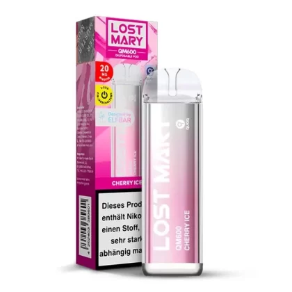 Elfbar Lost Mary QM600 – Cherry Ice - pflanzliches Glycerin / Nikotin-Benzoat / Aromen / Propylenglykol / 20mg/ml / ca. 600 / 360 mAh