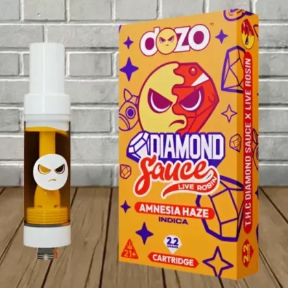 Dozo Live Rosin Diamond Sauce Cartridge 2.2g - strain#Amnesia Haze (Indica) CARTRIDGE>Blue Dream (Sativa) CARTRIDGE>Mimosa (Sativa) CARTRIDGE>Russian Cream (Indica) CARTRIDGE>Unubtainium (Hy