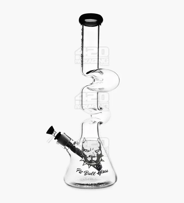 PIT BULL | Z-Neck Glass Beaker Water Pipe w/ Floral Base | 16.5in Tall – 14mm Bowl – Black