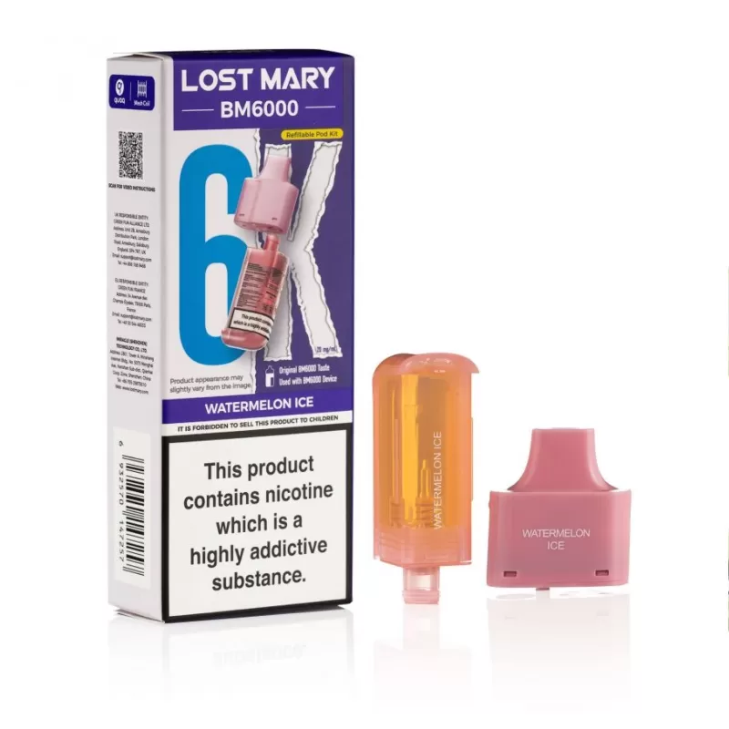 Lost Mary BM6000 Prefilled Replacement Pods – Watermelon Ice 0mg & 20mg - Vape Product, Vape Product