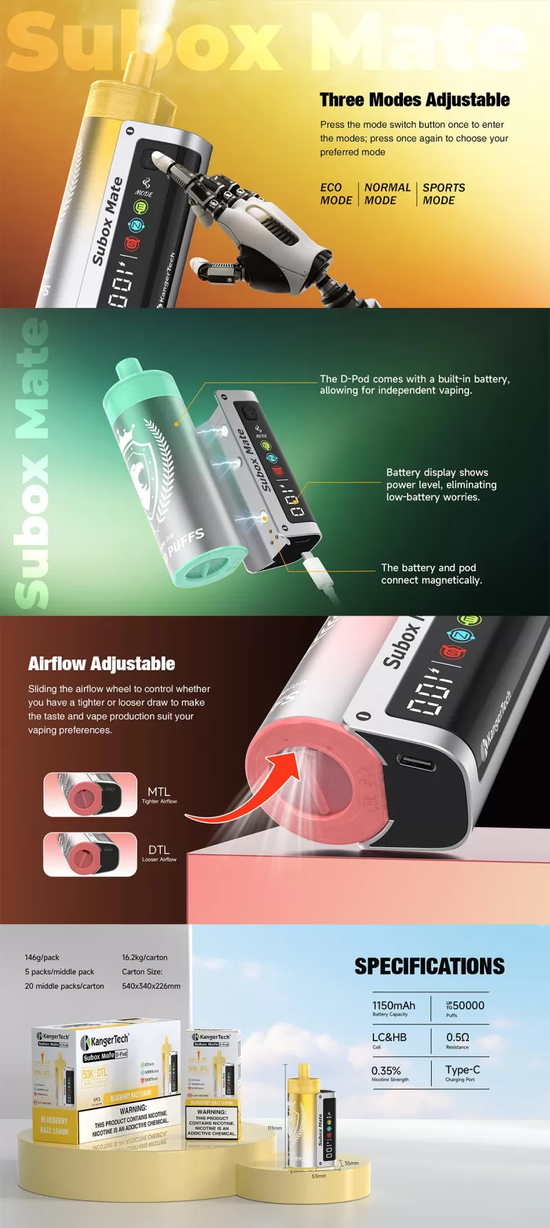 Kanger Subox Mate D-Pod 50K 50000 Puffs Disposable Kit 40ml - Mixed Berries / 35mg / 1pc / US-1 Warehouse - Image 3