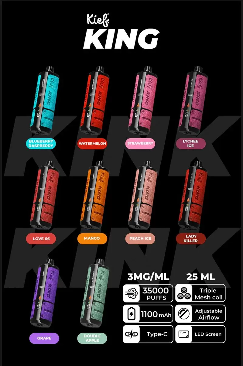 Kief King 35000 Puffs 3mg Nicotine Triple Mesh Coil Disposable Vape in Dubai - Blueberry Raspberry, Double Apple