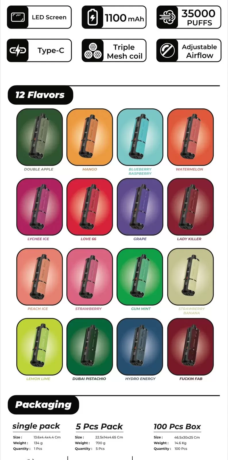 Kief King 35000 Puffs 3mg Nicotine Triple Mesh Coil Disposable Vape in Dubai - Blueberry Raspberry, Double Apple - Image 2