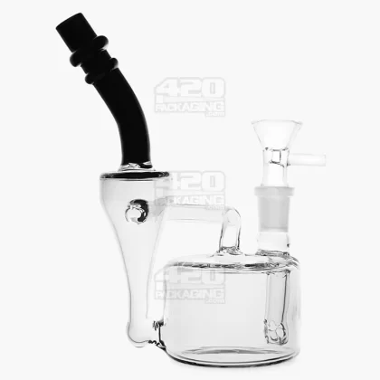 Bent Neck Iridescent Refined Bell Glass Recycler Water Pipe | 7in Tall – 14mm Bowl – Smoke