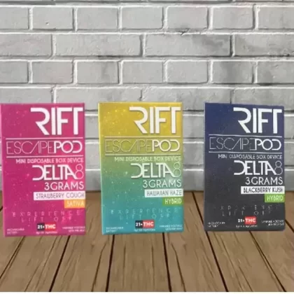 Rift Delta 8 THC Mini Escape Pod Disposable 3g - strain#Grape Goji OG (Sativa) DISPOSABLE>Maui Wowie (Sativa) DISPOSABLE>Blackberry Kush (Hybrid) DISPOSABLE>Hawaiian Haze (Hybrid) DISPOSABLE