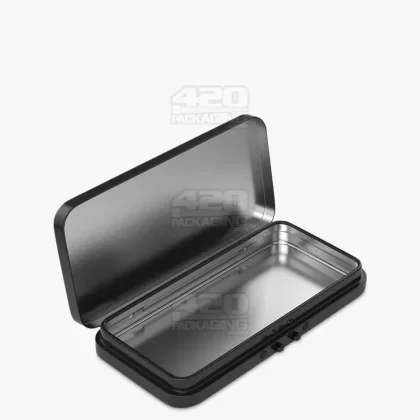 Child Resistant & Sustainable | Hinged-Lid Large Pre-Rolls Box | 120mm x 58mm – Black Tin – 100 Count