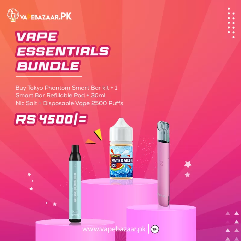 Bundle # 4 Ultimate Quad Offer 🥳 | Tokyo Phantom Smart Bar Kit + Refillable Pod + Nic Salt + Disposable Vape 2500 Puffs for only Rs.4,500