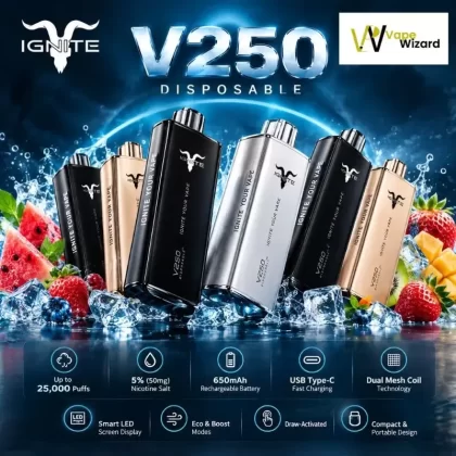 IGNITE V250 Disposable Vape 25K PUFFS in Dubai UAE - Aloe Grape Ice, Blueberry Ice; Vape Product, Box of 10 Pcs (601C88)