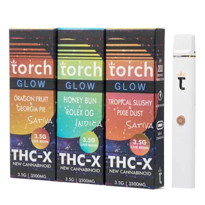 Torch Glow THC-X Vaporizer – 3500mg - Strain#Rainbow Gushers x Zkittlez>Hawaiian Snow x Maui Wowie>Tropical Slushy x Pixie Dust>Honey Bun x Rolex OG>Blueberry Pancakes x Cream>Gelatti x Bisc