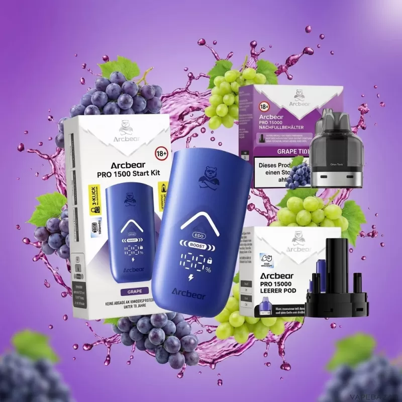 Arcbear Pro 15000 Starterkit – Grape 20mg/ml Nikotin - Traube / 20mg/ml / bis zu 15000 / USB-C / 1000 mAh / 10 ml / Dual-Mesh / ECO 12 W / BOOST 20 W