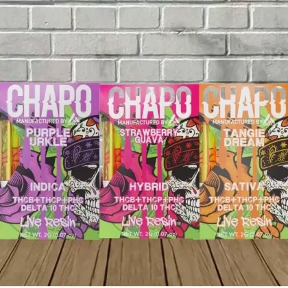 Chapo Extrax Live Resin Vape Cartridge 2g - strain#Tangie Dream (Sativa)>Strawberry Guava (Hybrid)>Purple Urkle (Indica) (4D7F68)