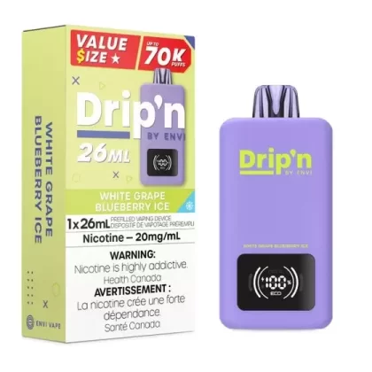 Drip’n by Envi 26ML Disposable Vape – 70K Puffs – White Grape Blueberry Ice