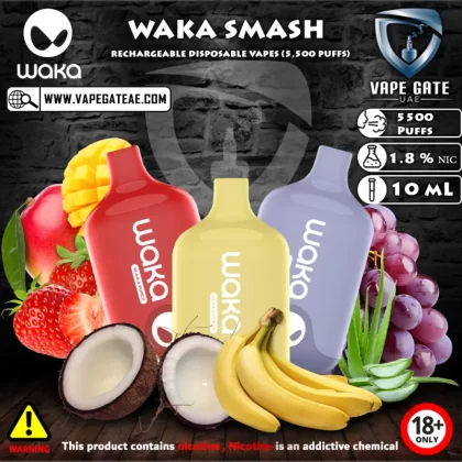 WAKA SMASH RECHARGEABLE DISPOSABLE VAPES (5,500 PUFFS) - 1.8 mg (18mg) / Strawberry Mango