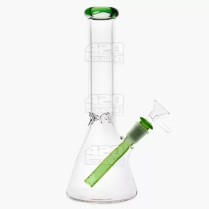 Straight Neck Color Lip Glass Beaker Water Pipe w/ Ice Catcher | 10.25in Tall – 14mm Bowl – Green